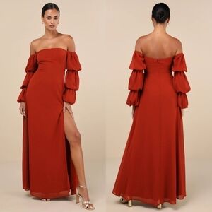 Lulus Demure Aura Rust Tiered Balloon Sleeve Off-the-Shoulder Dress S Wedding
